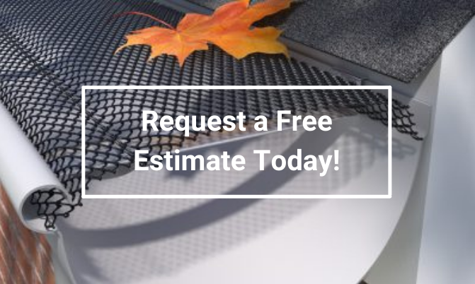  A closeup image of a gutter guard that offers a free quote. 