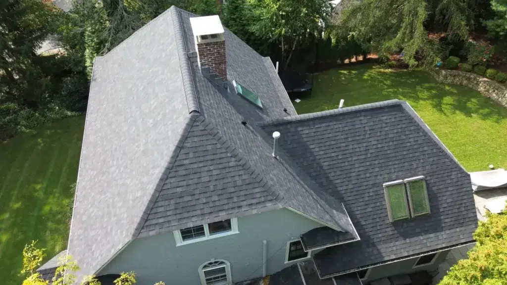 Drone shot of a two-story house with complex gray shingle roofing, featuring multiple skylights and surrounded by dense trees and landscaped yard.